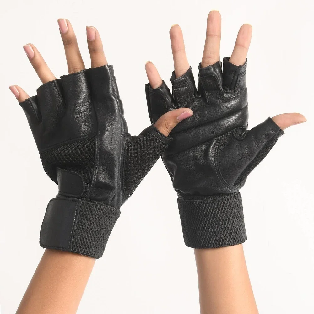 100% Genuine Leather Fingerless Gloves (8 x 4.5 x 1) Black